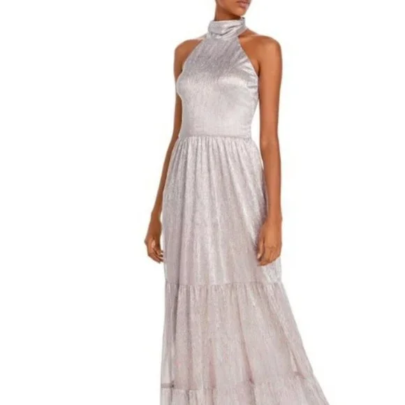 Aqua Womens Metallic Mock Neck Evening Dress Pink 4